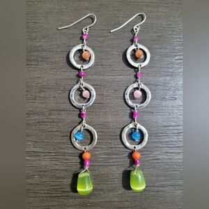 Vintage Colorful Dangling Hook Back Silver Earrings